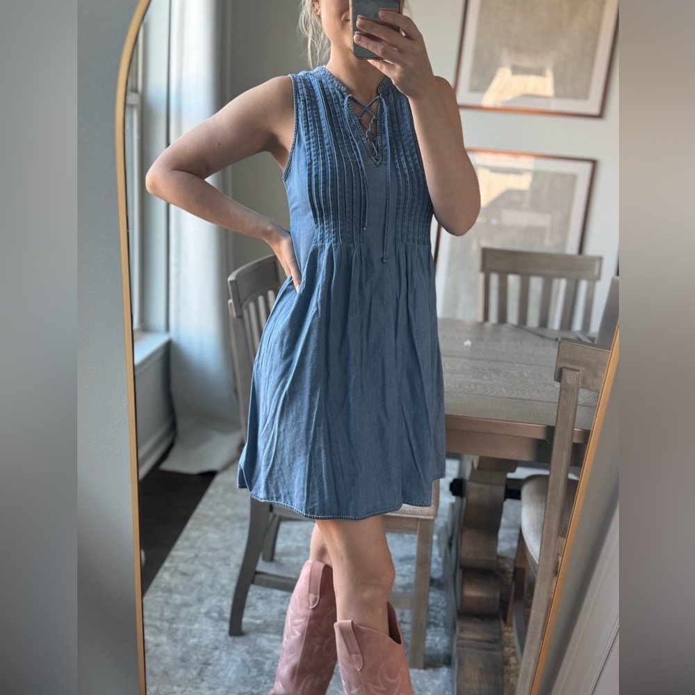 Precious Pleated Blue Jean Chambray Sleeveless Denim Dress - Picture 9 of 15